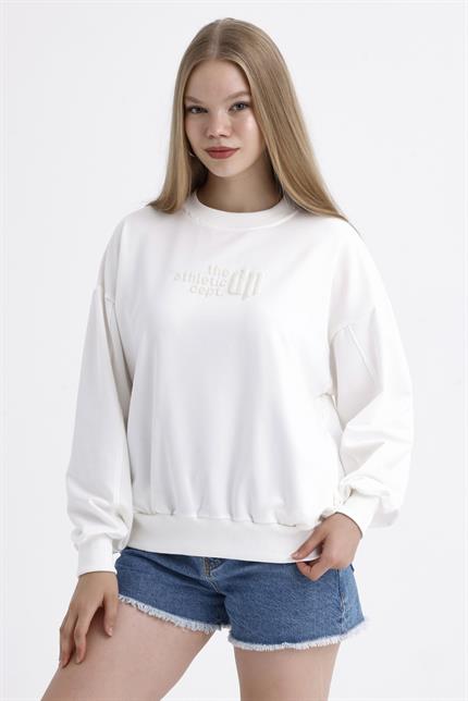 Cep Detaylı Kabartma Baskılı Balon Kollu Oversize Pamuklu Sweatshirt - Ekru