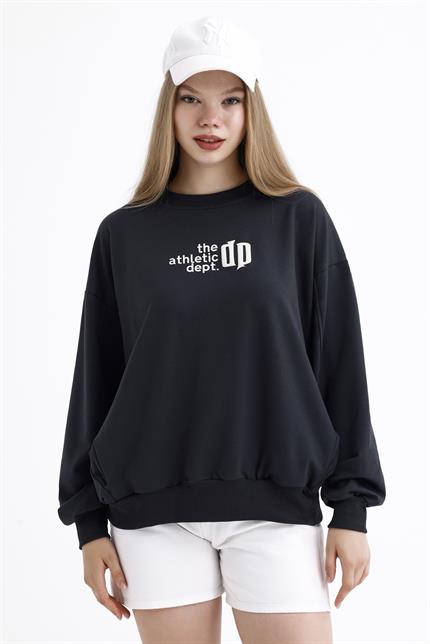 Cep Detaylı Kabartma Baskılı Balon Kollu Oversize Pamuklu Sweatshirt - Antrasit