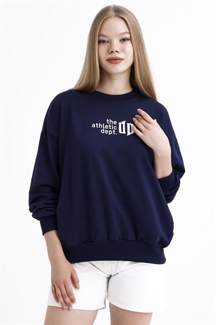 Cep Detaylı Kabartma Baskılı Balon Kollu Oversize Pamuklu Sweatshirt - Lacivert