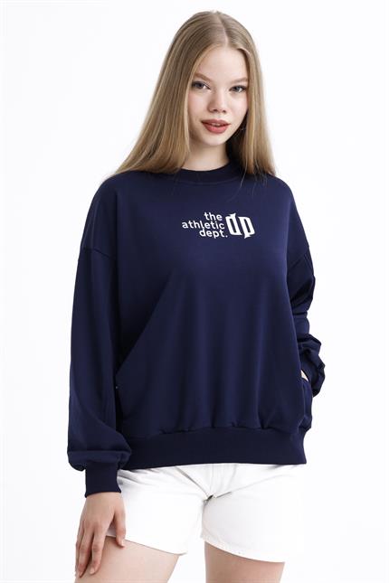 Cep Detaylı Kabartma Baskılı Balon Kollu Oversize Pamuklu Sweatshirt - Lacivert