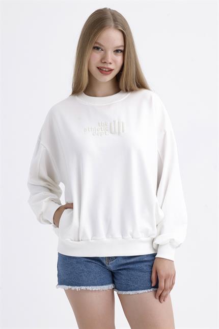 Cep Detaylı Kabartma Baskılı Balon Kollu Oversize Pamuklu Sweatshirt - Ekru
