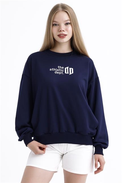 Cep Detaylı Kabartma Baskılı Balon Kollu Oversize Pamuklu Sweatshirt - Lacivert