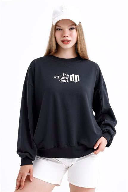 Cep Detaylı Kabartma Baskılı Balon Kollu Oversize Pamuklu Sweatshirt - Antrasit
