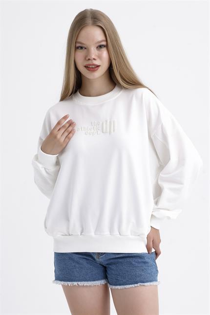 Cep Detaylı Kabartma Baskılı Balon Kollu Oversize Pamuklu Sweatshirt - Ekru