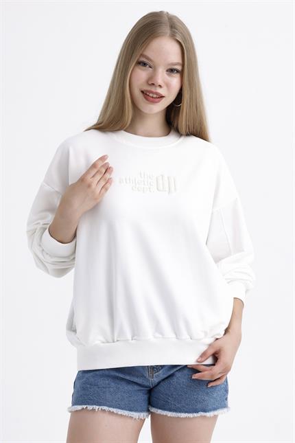 Cep Detaylı Kabartma Baskılı Balon Kollu Oversize Pamuklu Sweatshirt - Ekru