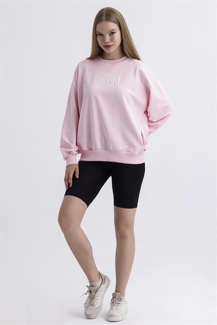 Cep Detaylı Kabartma Baskılı Balon Kollu Oversize Pamuklu Sweatshirt - Pembe