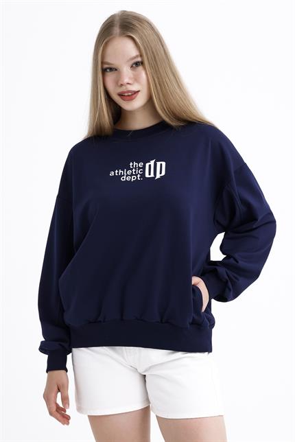 Cep Detaylı Kabartma Baskılı Balon Kollu Oversize Pamuklu Sweatshirt - Lacivert