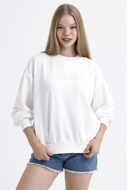 Cep Detaylı Kabartma Baskılı Balon Kollu Oversize Pamuklu Sweatshirt - Ekru