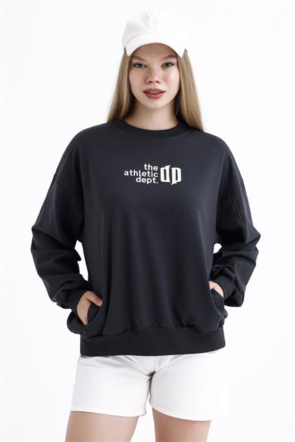 Cep Detaylı Kabartma Baskılı Balon Kollu Oversize Pamuklu Sweatshirt - Antrasit