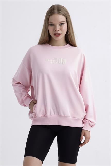 Cep Detaylı Kabartma Baskılı Balon Kollu Oversize Pamuklu Sweatshirt - Pembe
