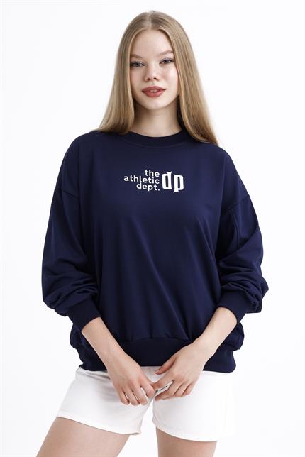 Cep Detaylı Kabartma Baskılı Balon Kollu Oversize Pamuklu Sweatshirt - Lacivert