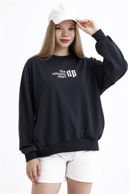 Cep Detaylı Kabartma Baskılı Balon Kollu Oversize Pamuklu Sweatshirt - Antrasit