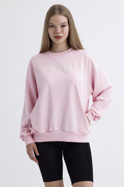 Cep Detaylı Kabartma Baskılı Balon Kollu Oversize Pamuklu Sweatshirt - Pembe