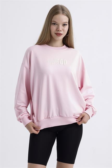 Cep Detaylı Kabartma Baskılı Balon Kollu Oversize Pamuklu Sweatshirt - Pembe