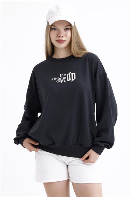Cep Detaylı Kabartma Baskılı Balon Kollu Oversize Pamuklu Sweatshirt - Antrasit