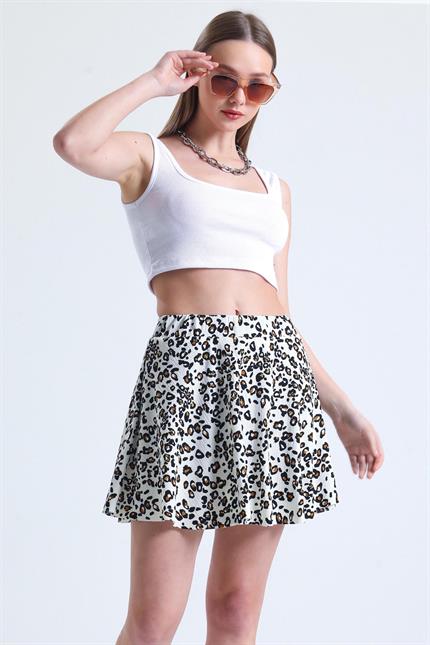 Çiçek Desenli Bel Lastikli İçi Şortlu Mini Etek - Ekru