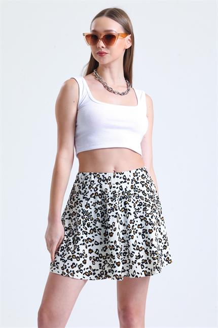 Çiçek Desenli Bel Lastikli İçi Şortlu Mini Etek - Ekru