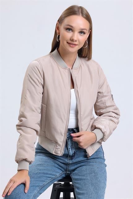 Çift Cepli Astarlı Bomber Mont - Bej