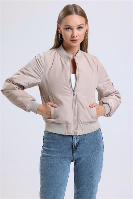 Çift Cepli Astarlı Bomber Mont - Bej