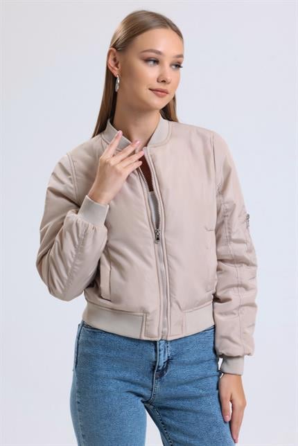Çift Cepli Astarlı Bomber Mont - Bej