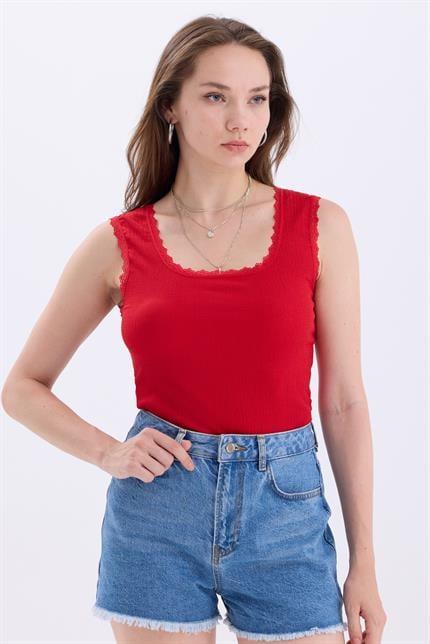 Dantel Detaylı Basic Atlet - Kırmızı