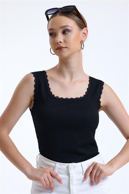 Dantel Detaylı Basic Atlet - Siyah