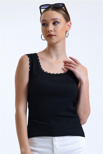 Dantel Detaylı Basic Atlet - Siyah