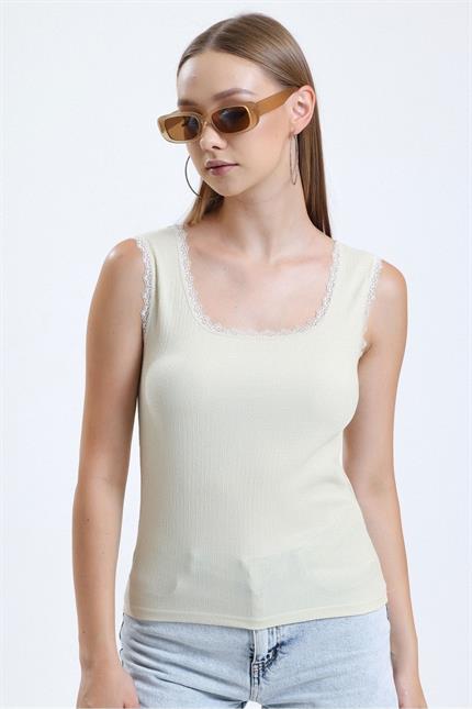 Dantel Detaylı Basic Atlet - Taş