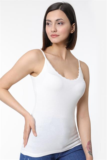 Dantel Detaylı Pamuklu Basic Atlet - Ekru