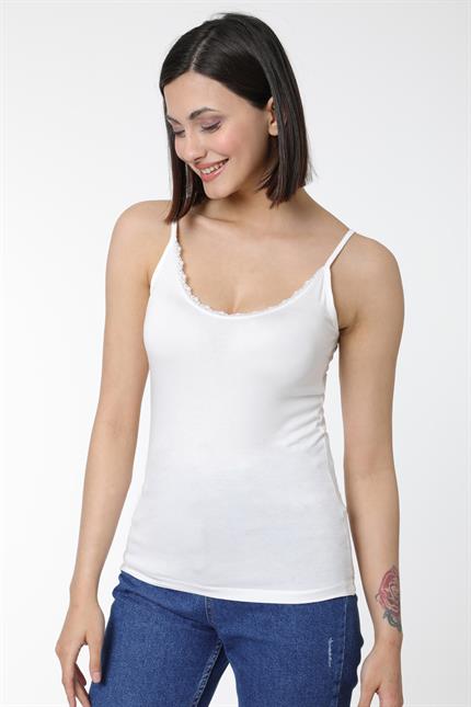 Dantel Detaylı Pamuklu Basic Atlet - Ekru