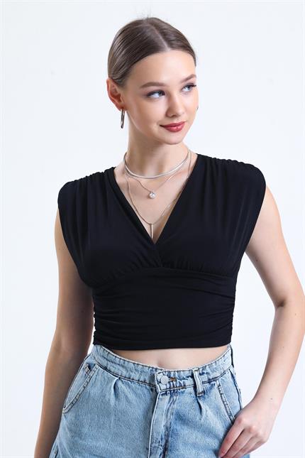 Derin V Yaka Önü Ve Beli Büzgülü Kolsuz Sandy Crop Bluz - Siyah