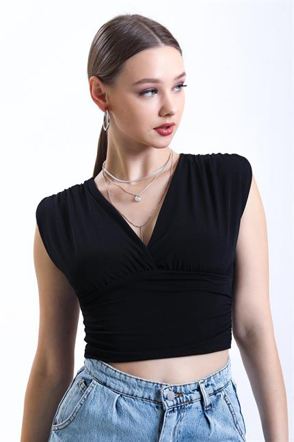 Derin V Yaka Önü Ve Beli Büzgülü Kolsuz Sandy Crop Bluz - Siyah