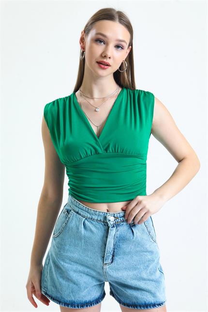 Derin V Yaka Önü Ve Beli Büzgülü Kolsuz Sandy Crop Bluz - Yeşil