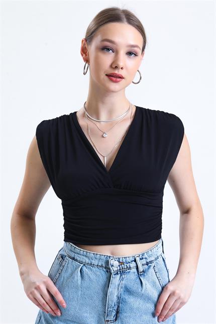 Derin V Yaka Önü Ve Beli Büzgülü Kolsuz Sandy Crop Bluz - Siyah
