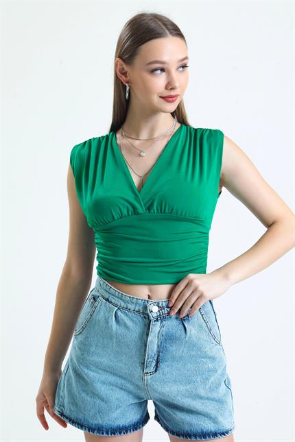 Derin V Yaka Önü Ve Beli Büzgülü Kolsuz Sandy Crop Bluz - Yeşil