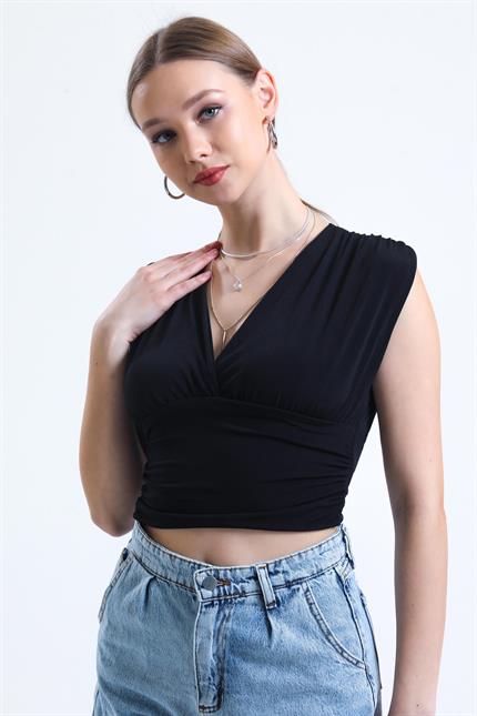 Derin V Yaka Önü Ve Beli Büzgülü Kolsuz Sandy Crop Bluz - Siyah