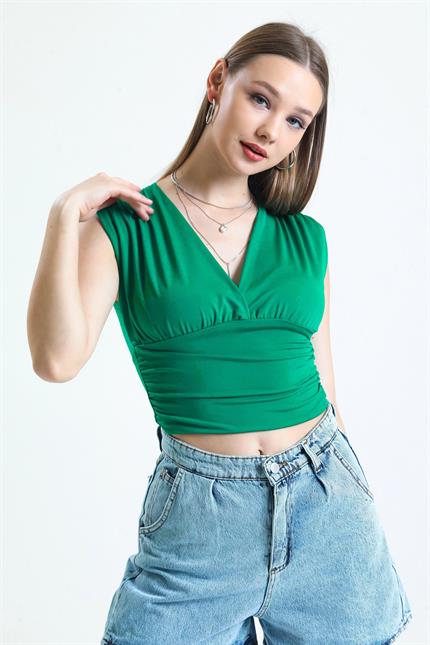 Derin V Yaka Önü Ve Beli Büzgülü Kolsuz Sandy Crop Bluz - Yeşil