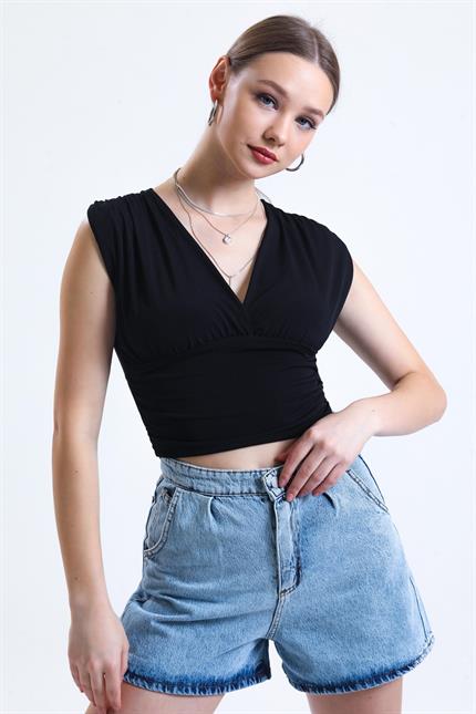 Derin V Yaka Önü Ve Beli Büzgülü Kolsuz Sandy Crop Bluz - Siyah