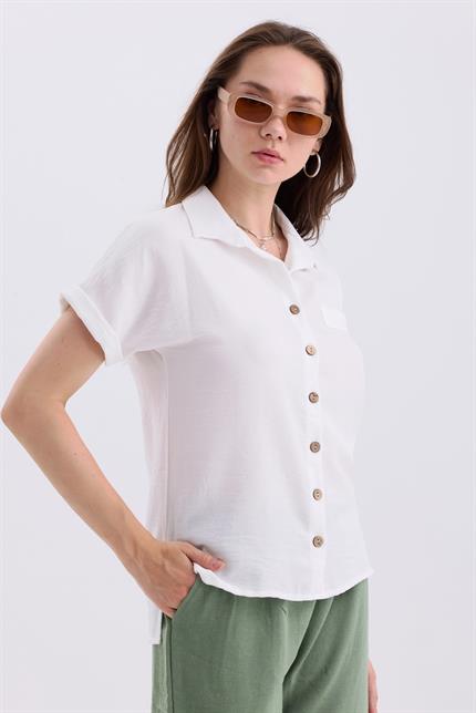 Duble Kol Yırtmaç Detaylı Kısa Kollu Keten Gömlek - Ekru
