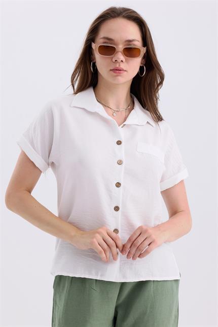 Duble Kol Yırtmaç Detaylı Kısa Kollu Keten Gömlek - Ekru