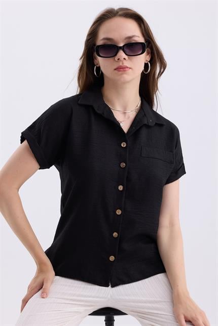 Duble Kol Yırtmaç Detaylı Kısa Kollu Keten Gömlek - Siyah