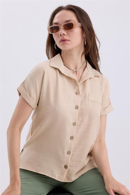 Duble Kol Yırtmaç Detaylı Kısa Kollu Keten Gömlek - Bej