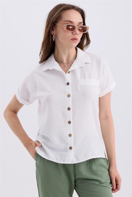Duble Kol Yırtmaç Detaylı Kısa Kollu Keten Gömlek - Ekru