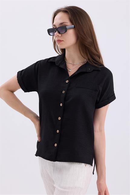 Duble Kol Yırtmaç Detaylı Kısa Kollu Keten Gömlek - Siyah