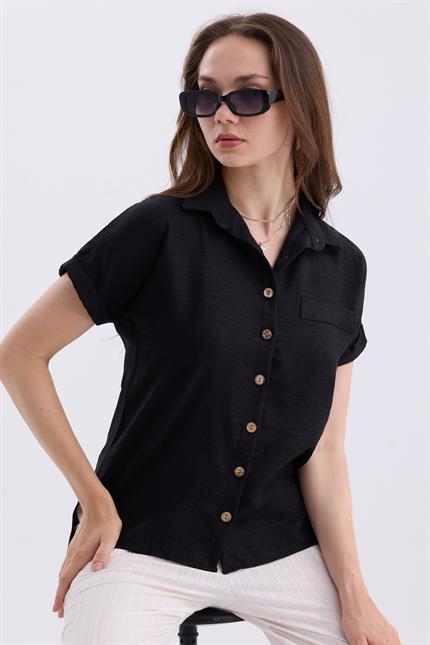 Duble Kol Yırtmaç Detaylı Kısa Kollu Keten Gömlek - Siyah
