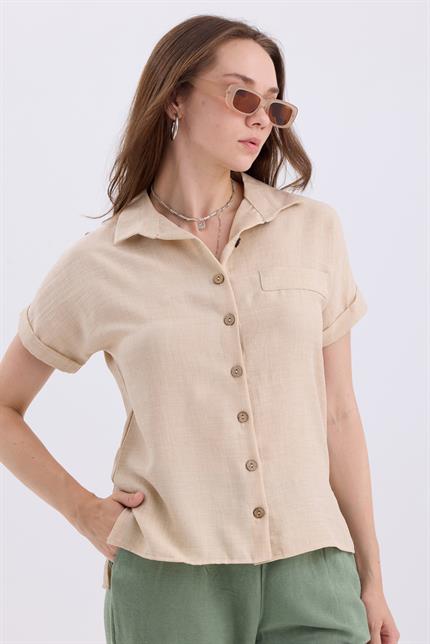 Duble Kol Yırtmaç Detaylı Kısa Kollu Keten Gömlek - Bej