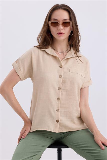 Duble Kol Yırtmaç Detaylı Kısa Kollu Keten Gömlek - Bej