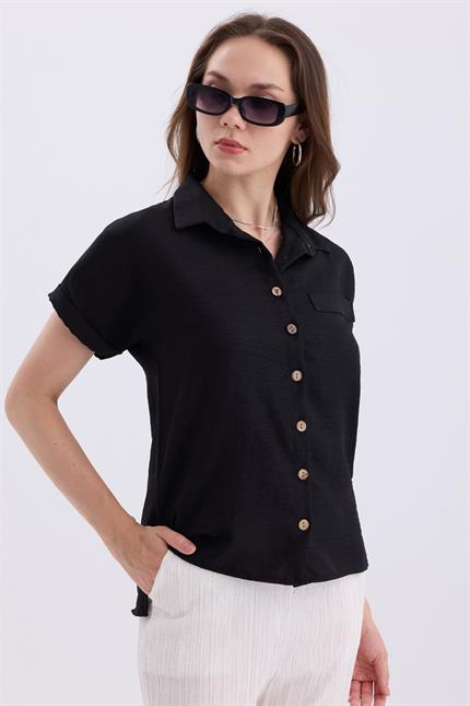 Duble Kol Yırtmaç Detaylı Kısa Kollu Keten Gömlek - Siyah