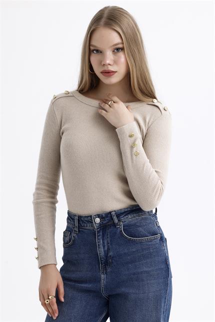 Düğme Detaylı Bisiklet Yaka Şardonlu Fitilli Kazak - Bej