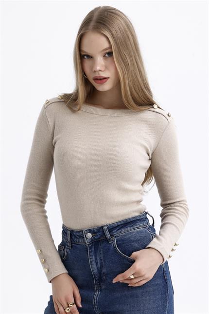 Düğme Detaylı Bisiklet Yaka Şardonlu Fitilli Kazak - Bej